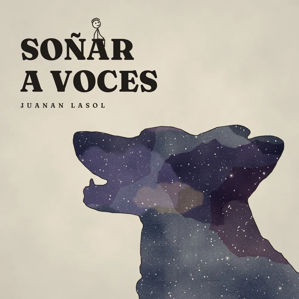 Portada de «Soñar A Voces»: la silueta de una perra aullando, rellena de un cielo estrellado en acuarela